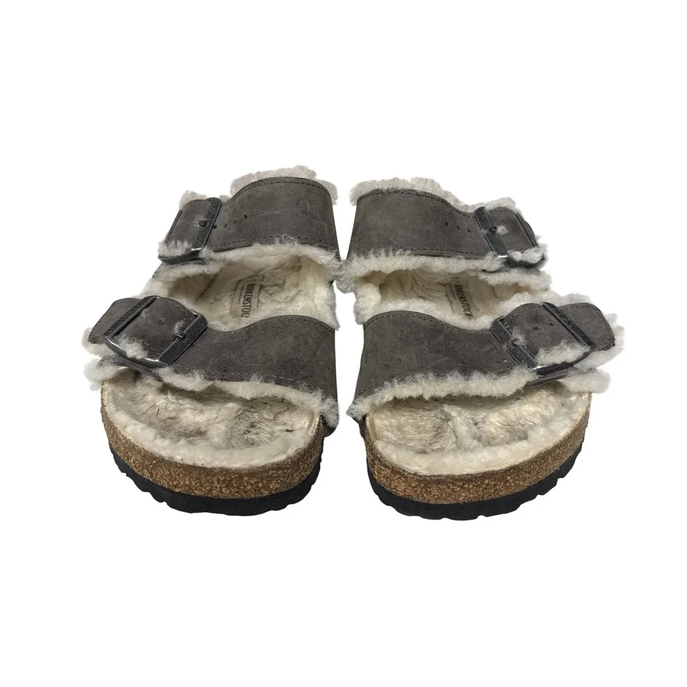 Birkenstock Arizona Shearling Sandals Womens 38 Gray Suede Double Strap Comfort